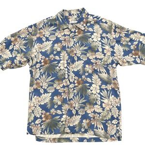 Burna Bibas Shirt Men M Blue Beige Silk‎ Hawaiian Floral Tropical Short Sleeve